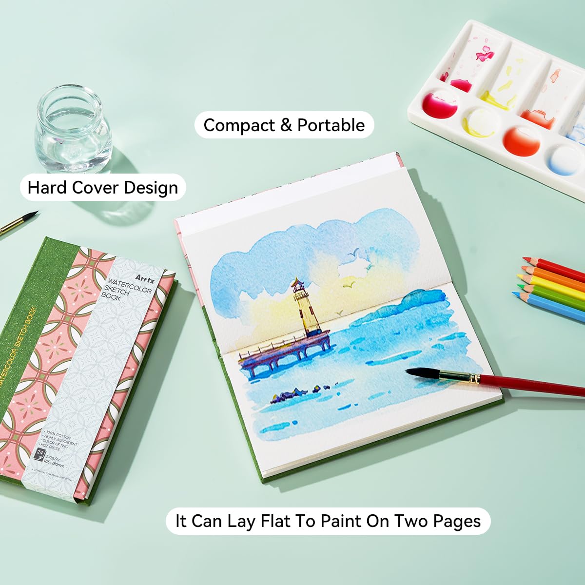 Arrtx Watercolor Journal, 7.28x4.13'', 140 LB, 300 GSM, 100% Cotton Paper, Hot Press, 24 Sheets - Image 4