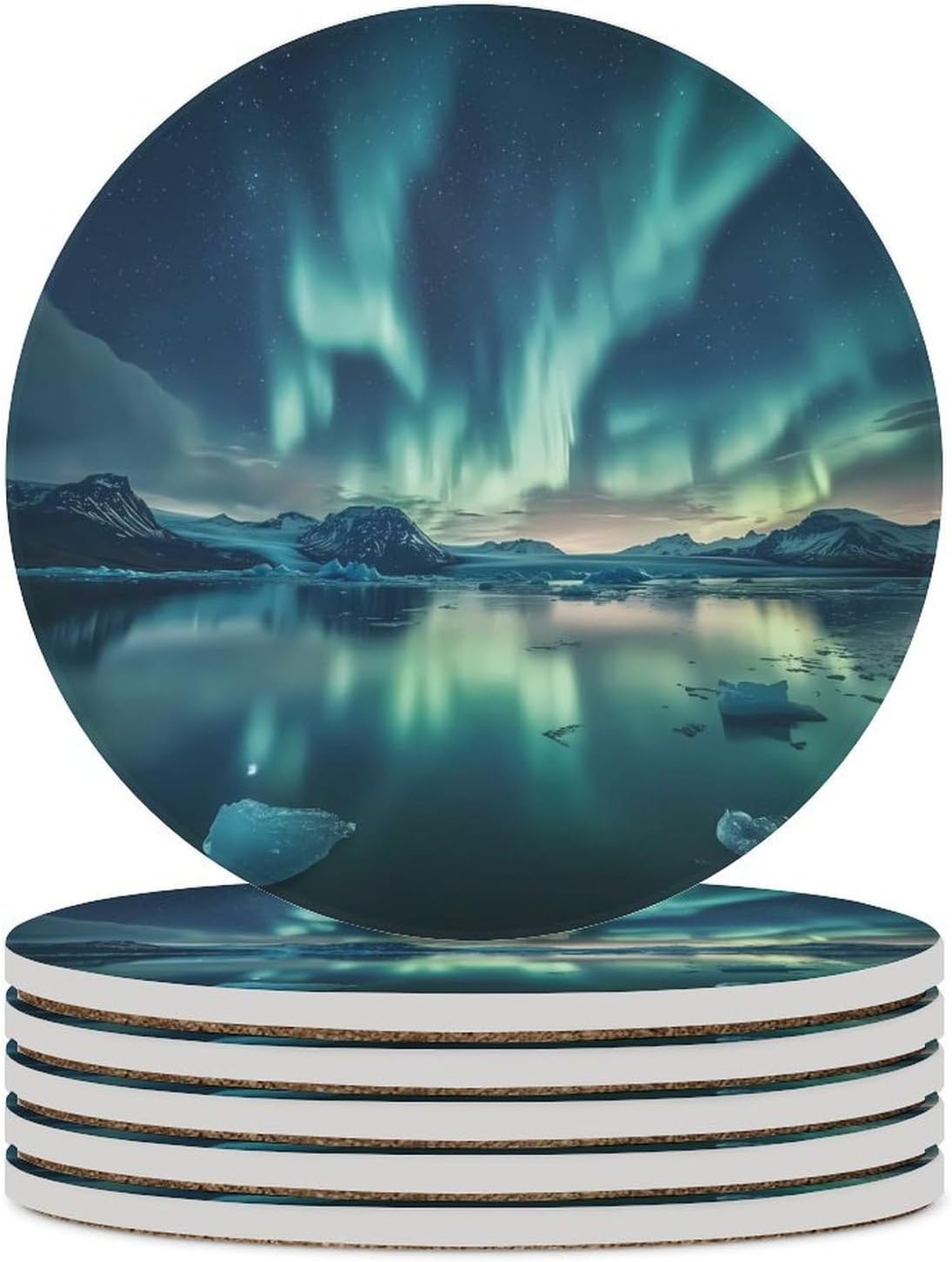 Iceland Northern Lights Coasters for Drink Round Ceramic Coaster with Cork Base Home Decorative 6PCS
