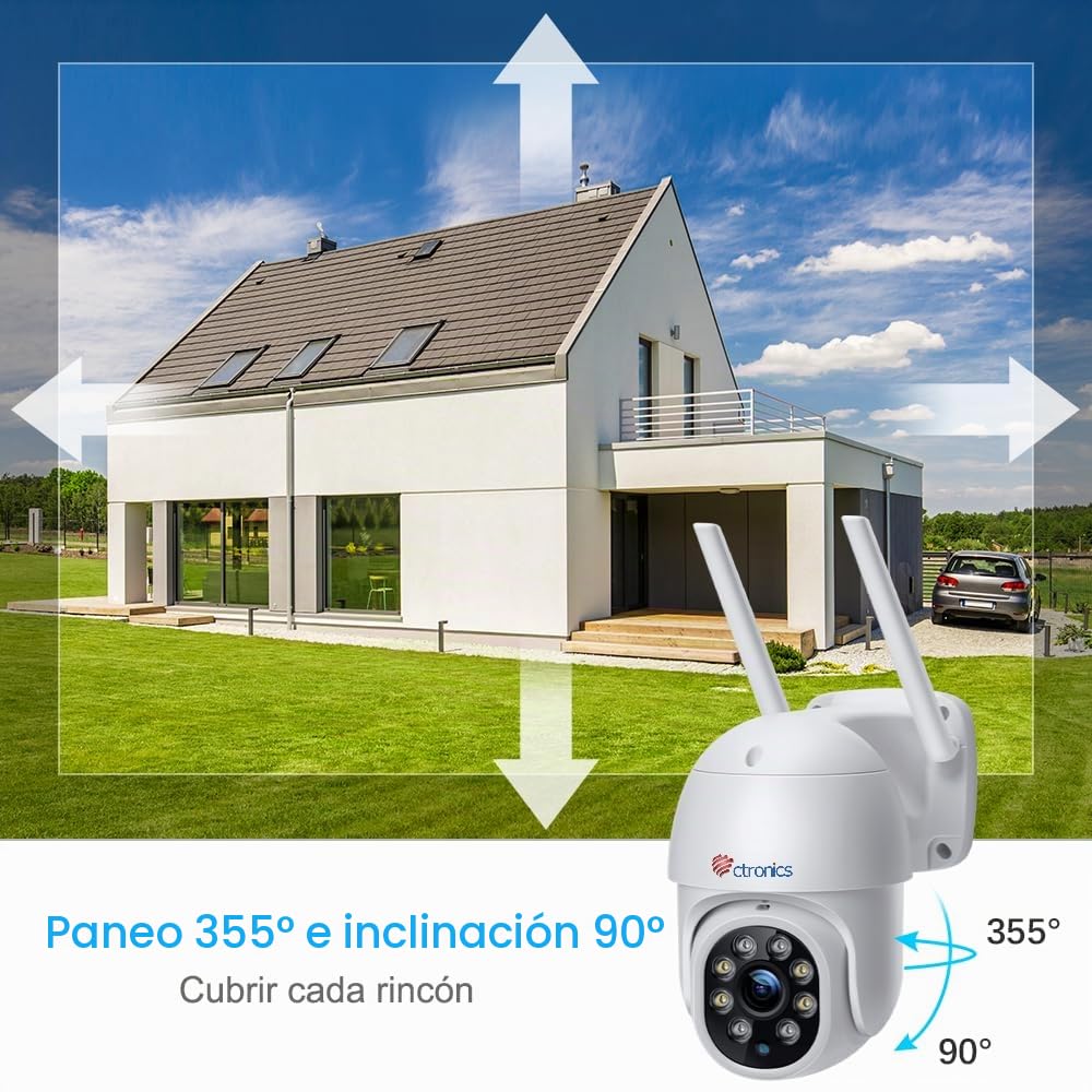 Ctronics Camara Vigilancia Wifi Exterior, 2K PTZ Cámara de Seguridad para el Hogar con Visión Nocturna en Color 30M Detección Humana Seguimiento Automático Audio Bidireccional Negro(2 Piezas) (blanco)