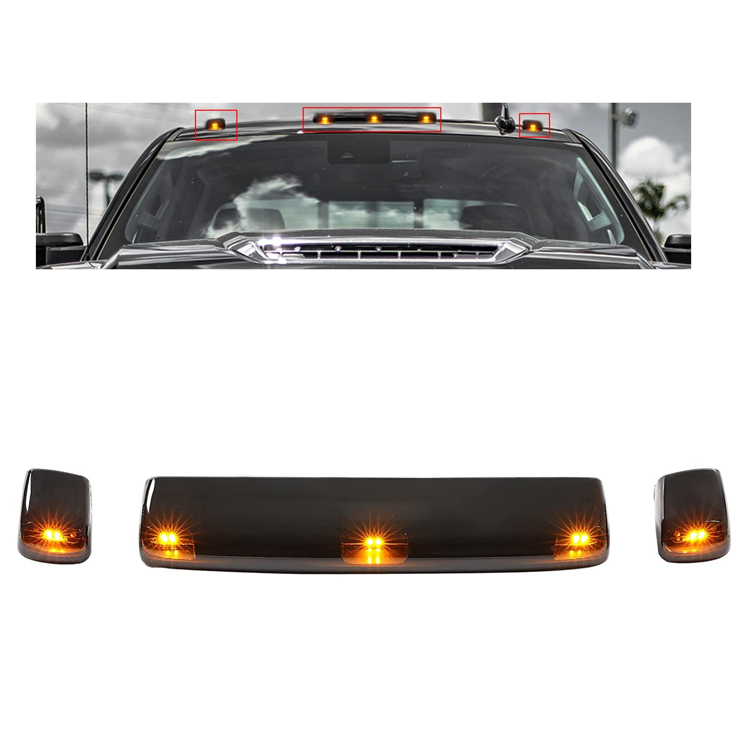 Photo 1 of HECASA LED Cab Roof Lights Compatible with 2015-2019 Chevrolet Silverado Sierra 2500 HD 3500 HD Replacement for 23463750 22794642 22794643 Cab Marker Running Lights Smoke Lens Amber Light