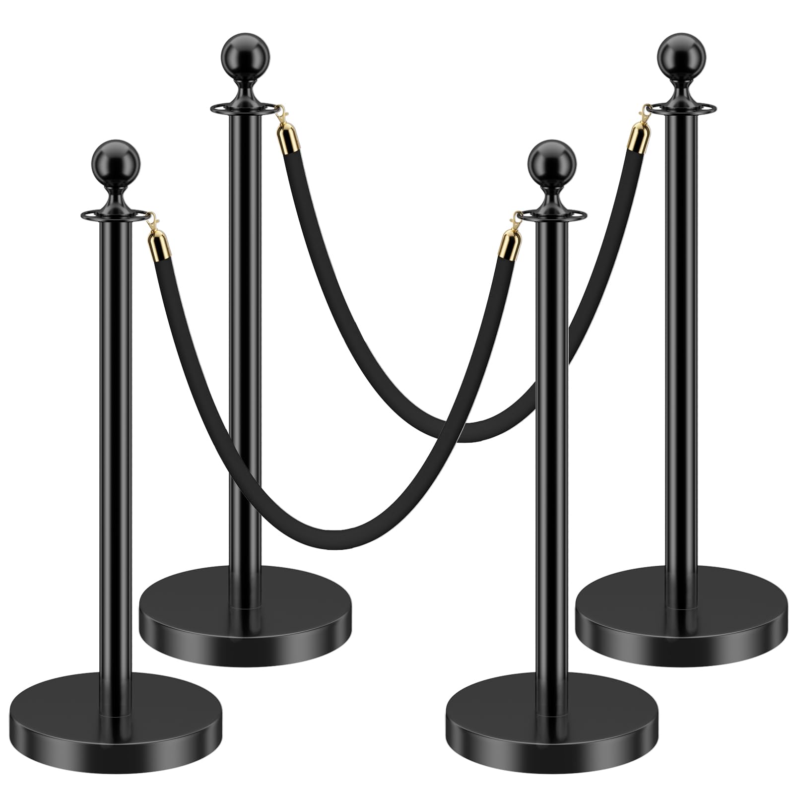 LOVMOR Stainless Steel Stanchion Post, 5 FT Black Carpet Ropes, Stanchion Post with Ball Top, Hollow Base and Velvet Ropes Safety Barriers Set for Party