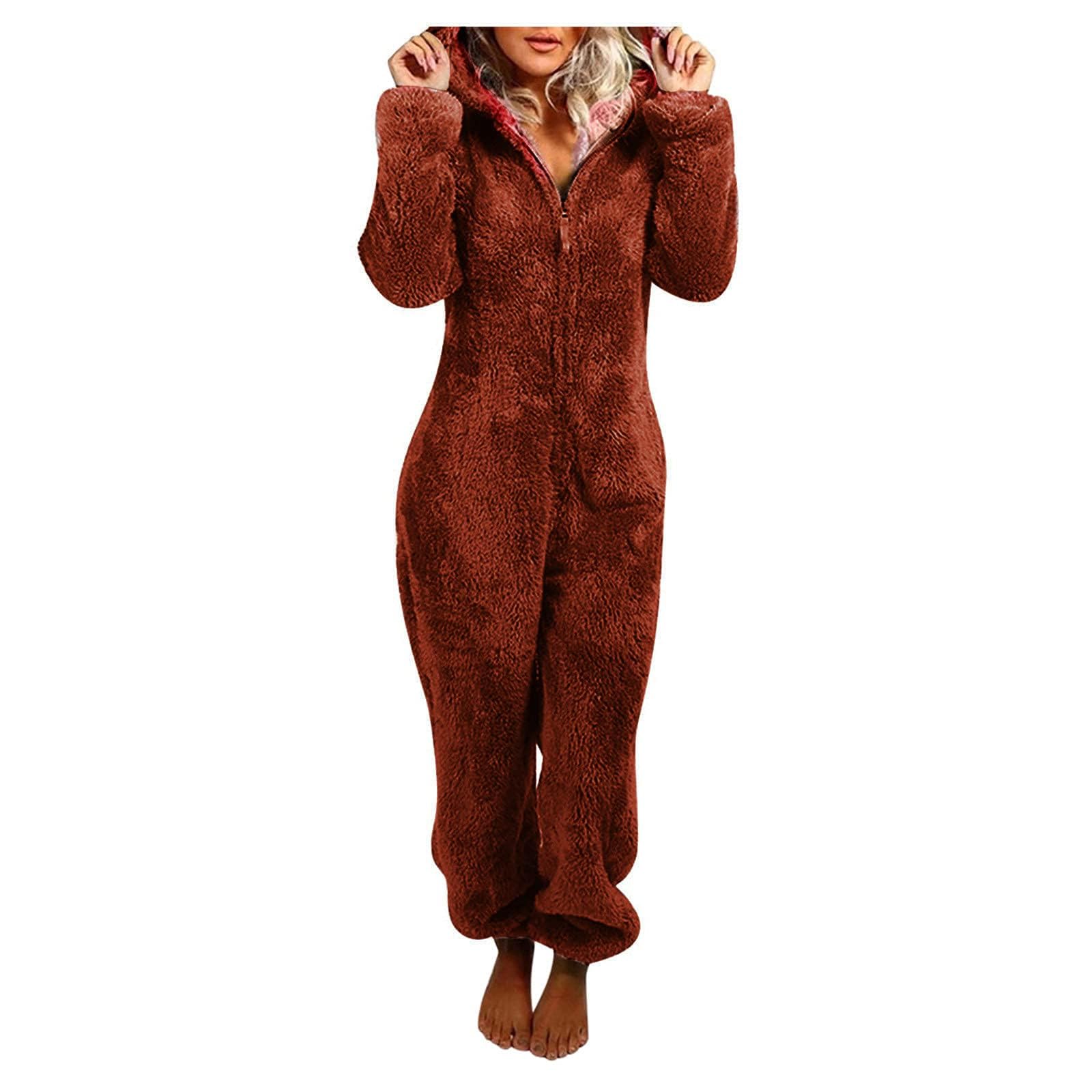GenericWomen Hooded Fleece Jumpsuits One Piece Sherpa Fuzzy Pajamas Romper Overall Zip up Winter Warm Playsuit Sleepwear