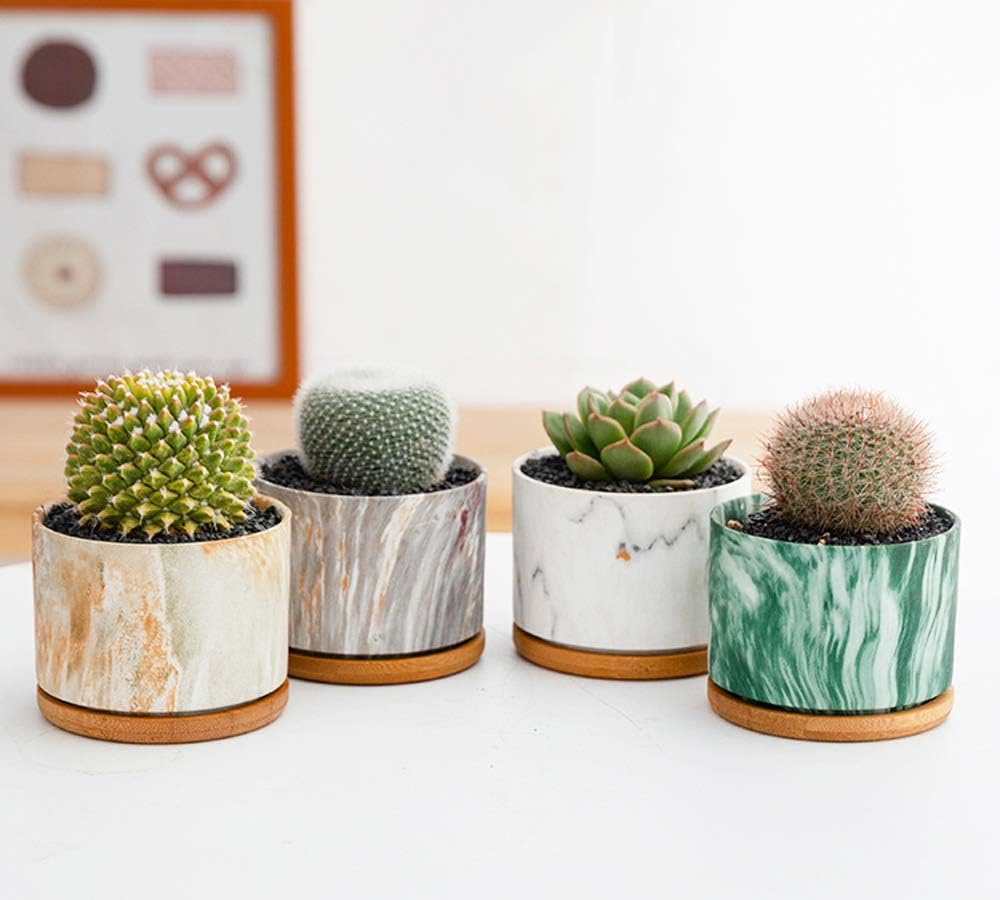 4 pcs 4 Inches Ceramic Marbleizing Style, Big Planters with Bamboo Trays (Colorful)