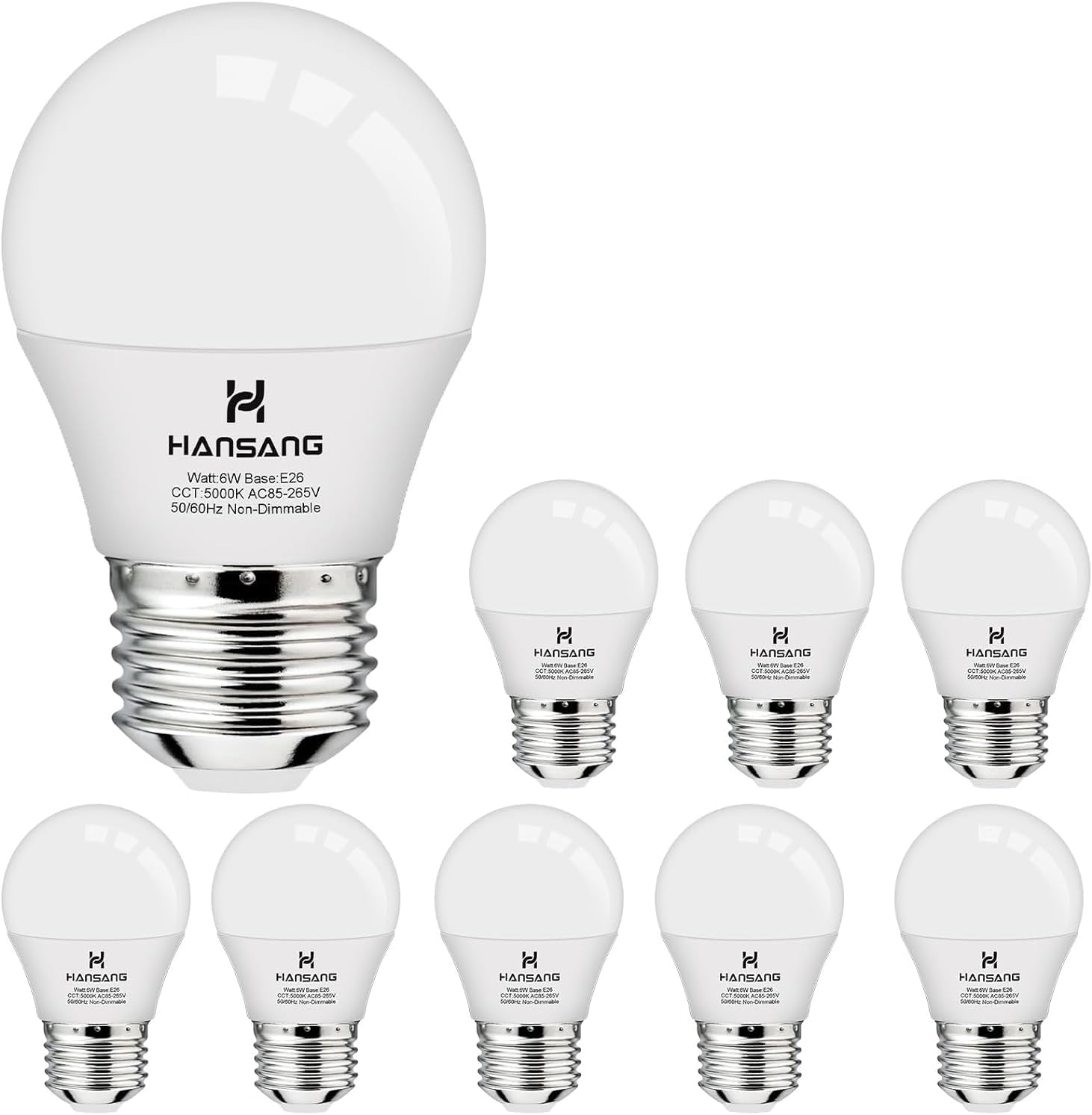 hansang A15 LED E26 Small Light Bulb, Daylight 5000K, 60Watt Equivalent Ceiling Fan Light Bulbs, E26 Standard Base Appliance Light Bulb, 600 Lumen, CRI85+, Eye Protection, 120V, Non-Dimmable 8 Pack