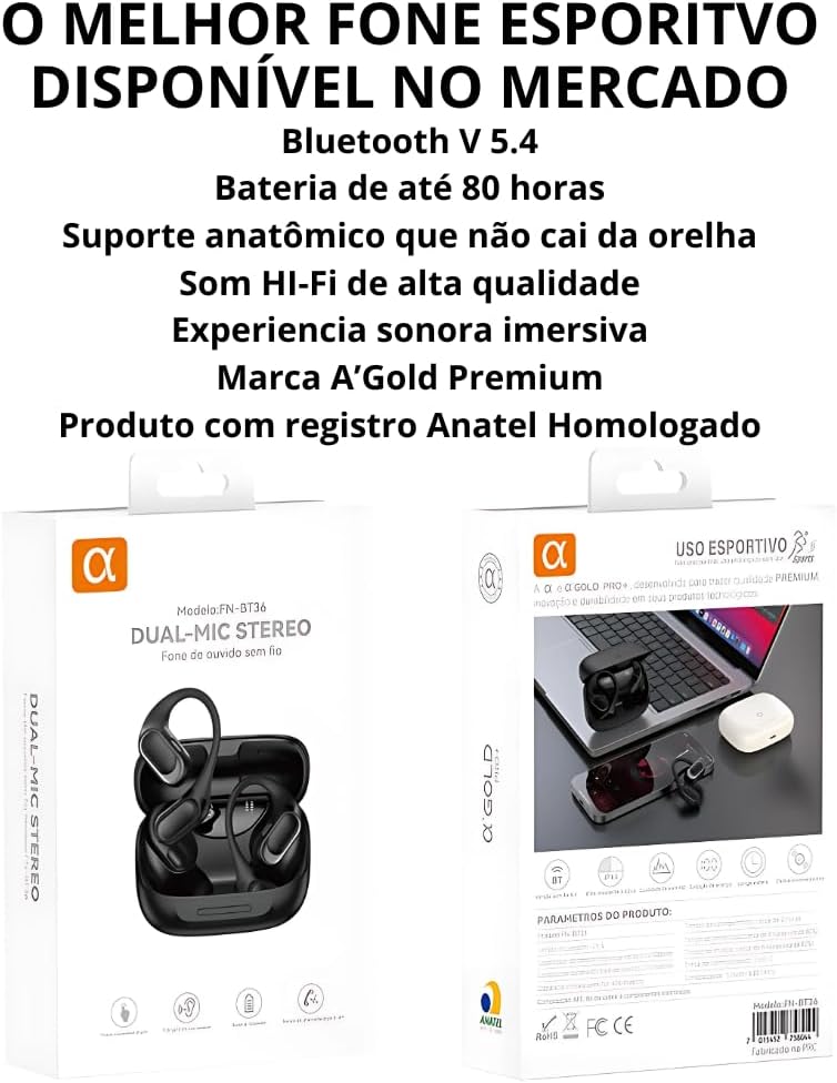 61IaLreD0SL._AC_SL1000_ Fone De Ouvido Corrida Bluetooth Com Suporte Externo em Silicione Sem Fio Compatível Com Todo Celular Ideal Para Treinos, Corrida, Academia, Exercicios - Não Cai da Orelha - Qualidade AGold Premium