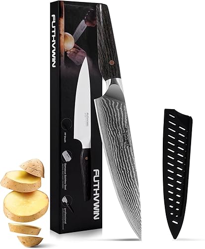 Cuchillo de chef de Damasco de 8 pulgadas con funda, cuchillo de cocina de acero japonés de Damasco, cuchillo de chef profesional, hoja ultra
