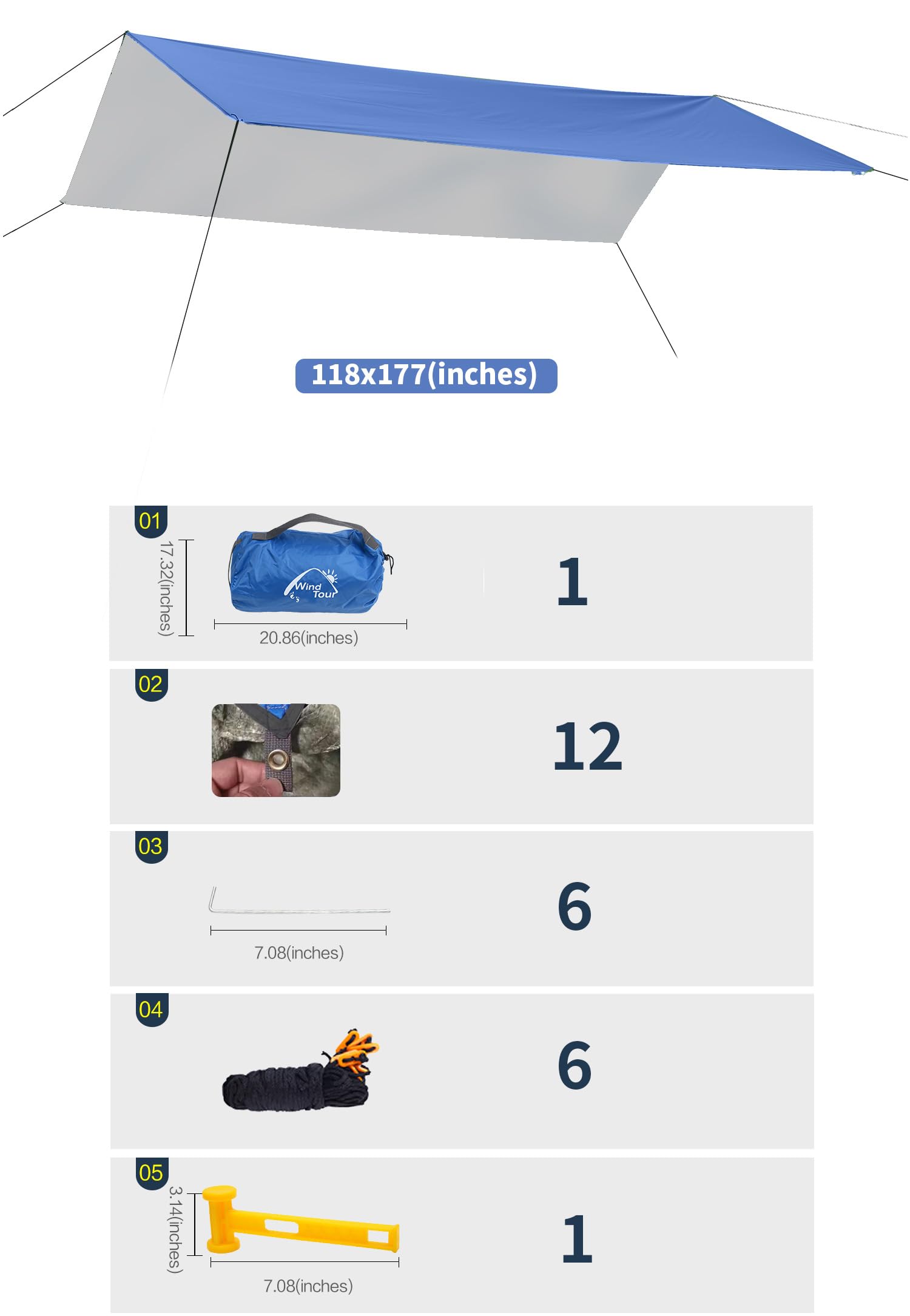 Wind Tour Portable Multifunctional Tent Footprint Traveling Awning Backpacking Rain Fly Tent Waterproof Shelter Outdoor Camping Sun Shelter for Hiking, Beach (118177 in)