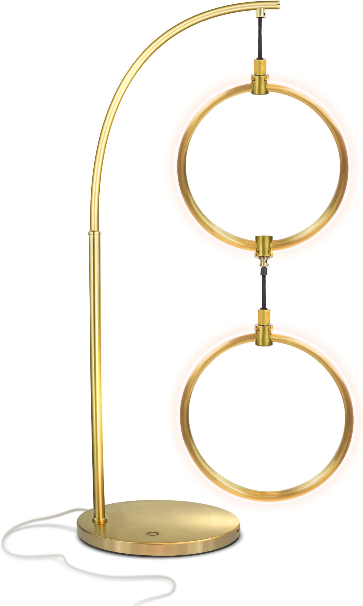 Brightech Nova Modern Table Lamp - Contemporary Arc Desk Lamp with 2-Circle Ring-Style Pendant - Alexa Compatible Nightstand Beside The Couch Lamp with Arching Pole Matches Living Room Décor - Brass