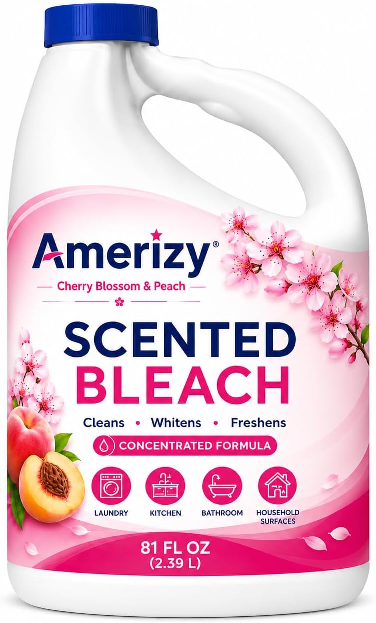 Scented Liquid Bleach Cleaner for Laundry and Household Surface Cleaning, Cherry Blossom and Peach Scent, Concentrated Formula, 81 fl oz