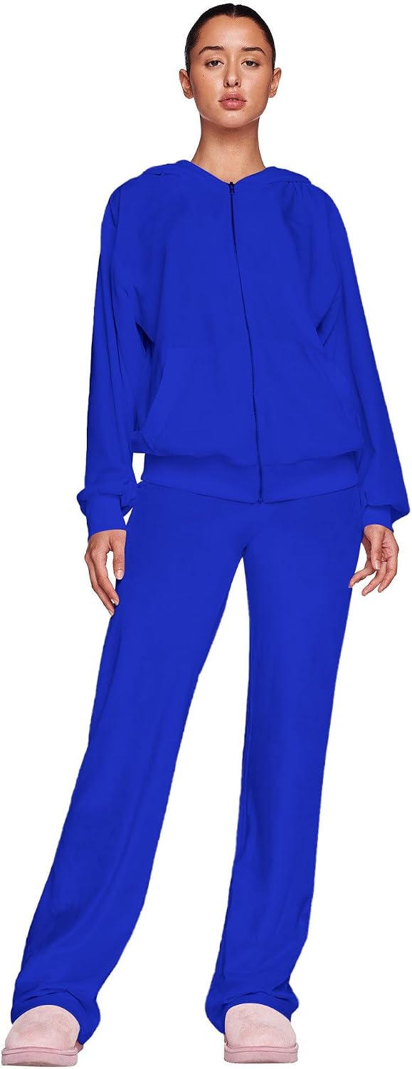 Womens 2 Piece Solid Velour Tracksuits Two Piece Velvet Lounge Outfits for Women, Long Sleeve Hoodie Tops Sweatsuits Casual Zip-Up Jacket Workout Pants Matching Set with Pockets, Sports Jogging Sets