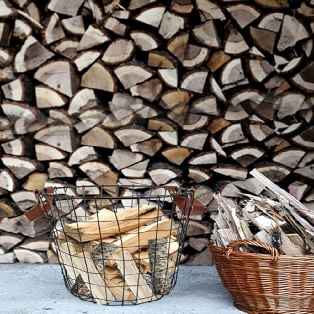 Cestino portaoggetti in ferro rustico, forma rotonda, cestino per legna da ardere con manici, decorazione per casa colonica, per contenere tronchi, biancheria o coperte, finitura nera (nero)