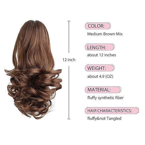 Miniatura 2 de HSPJHTM - Extensiones de cabello castaño para mujer, pinza de extensiones de cabello rizado de 12 pulgadas, extensiones de cabello sintético de cola