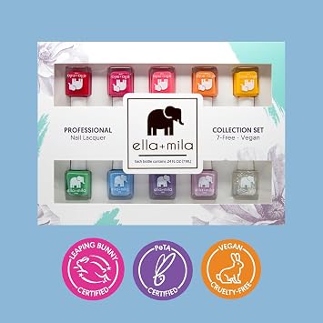 ella+mila Nail Polish Set for Kids - 10 Colors, Quick Dry, Vegan | Ten vibrant mini shades; 17-free vegan lacquer; quick dry & chip-resistant; kid-friendly gift set; 0.24 fl oz each