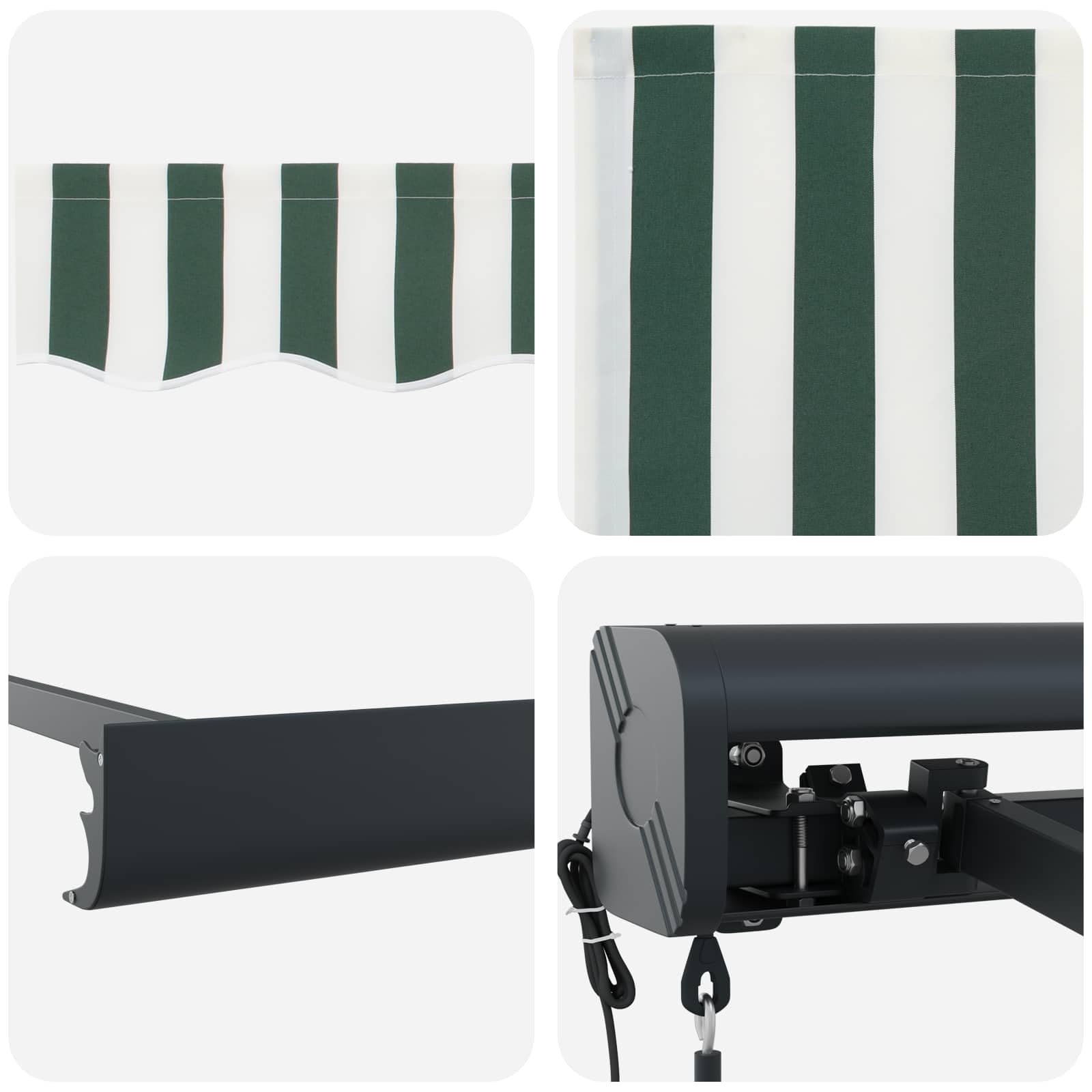 Toldo de brazo articulado 500 x 300 x 165 cm, toldo retráctil para terraza y jardín, tejido de poliéster a rayas verdes y blancas con marco de aluminio, protección solar manual exterior