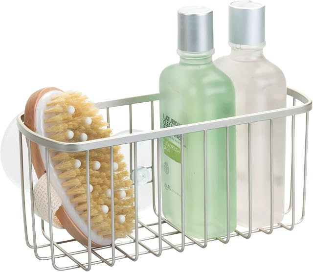 mDesign Bathroom Shower Suction Basket for Shampoo, Conditioner, Soap - Bathroom Toiletry Basket - Bathroom Organiser Holder - Satin