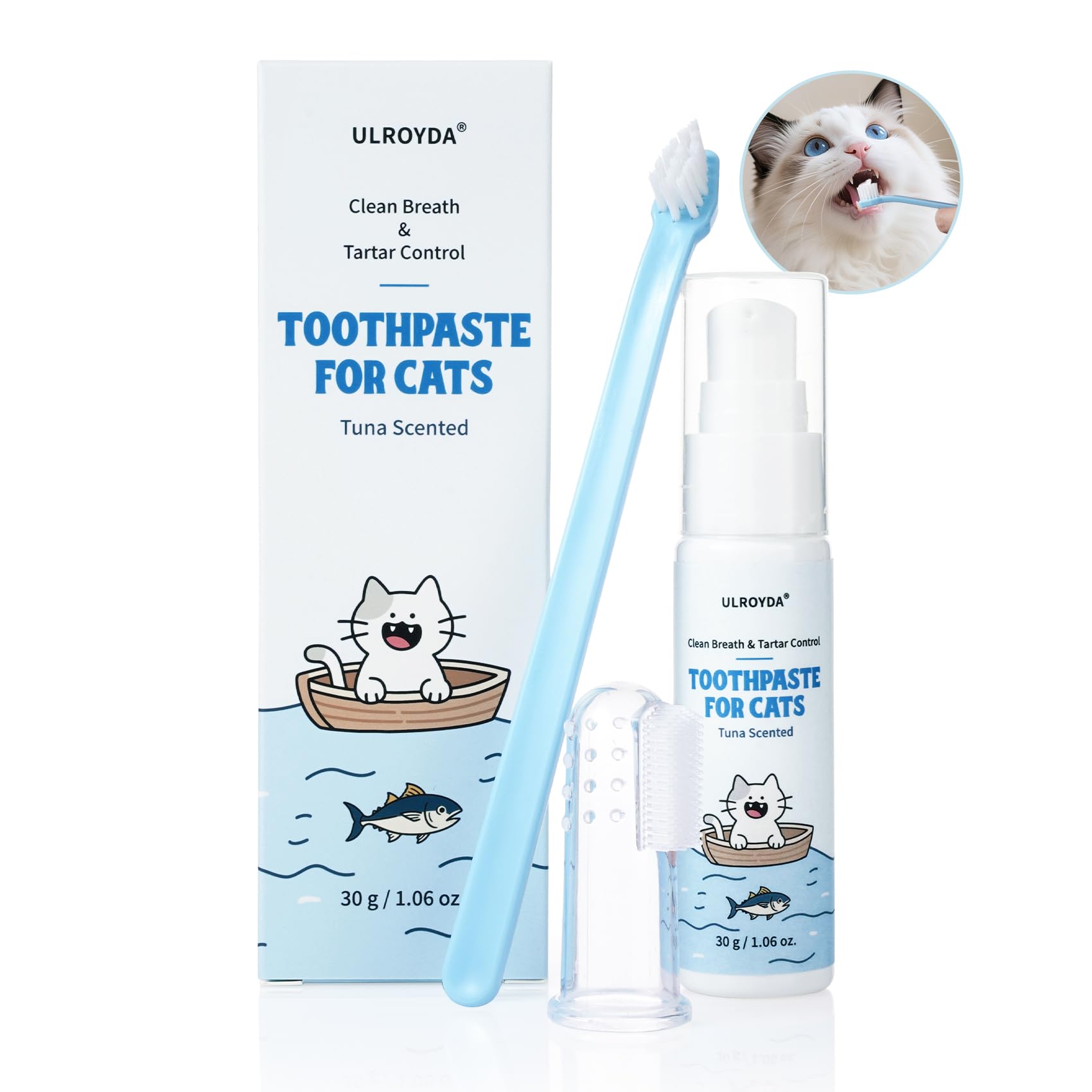 Cat Dental Care Kit – Tuna Flavor Toothpaste 1.06 oz with Toothbrush & Finger Brush | Gentle Formula, Fresh Breath & Plaque Control
