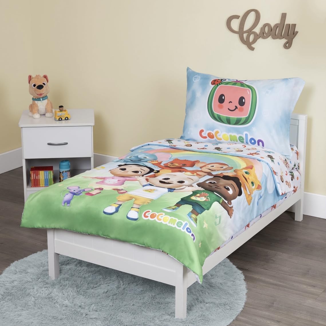 CoComelon 4-Piece Toddler Bedding Set, Cute as a Rainbow, Toddler Bed, Green
