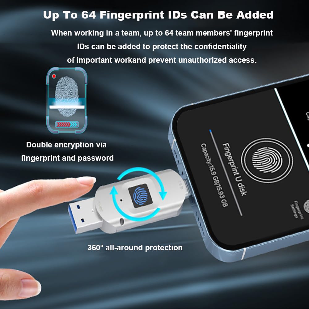 unità USB Crittografata,Memoria Esterna con Impronta Digitale,Elevata Compatibilità,64Gb/128Gb/256Gb/512Gb,64 Impronte Digitali Integrate,Protezione Tramite Password,USB 3.0/Tipo C 64GB