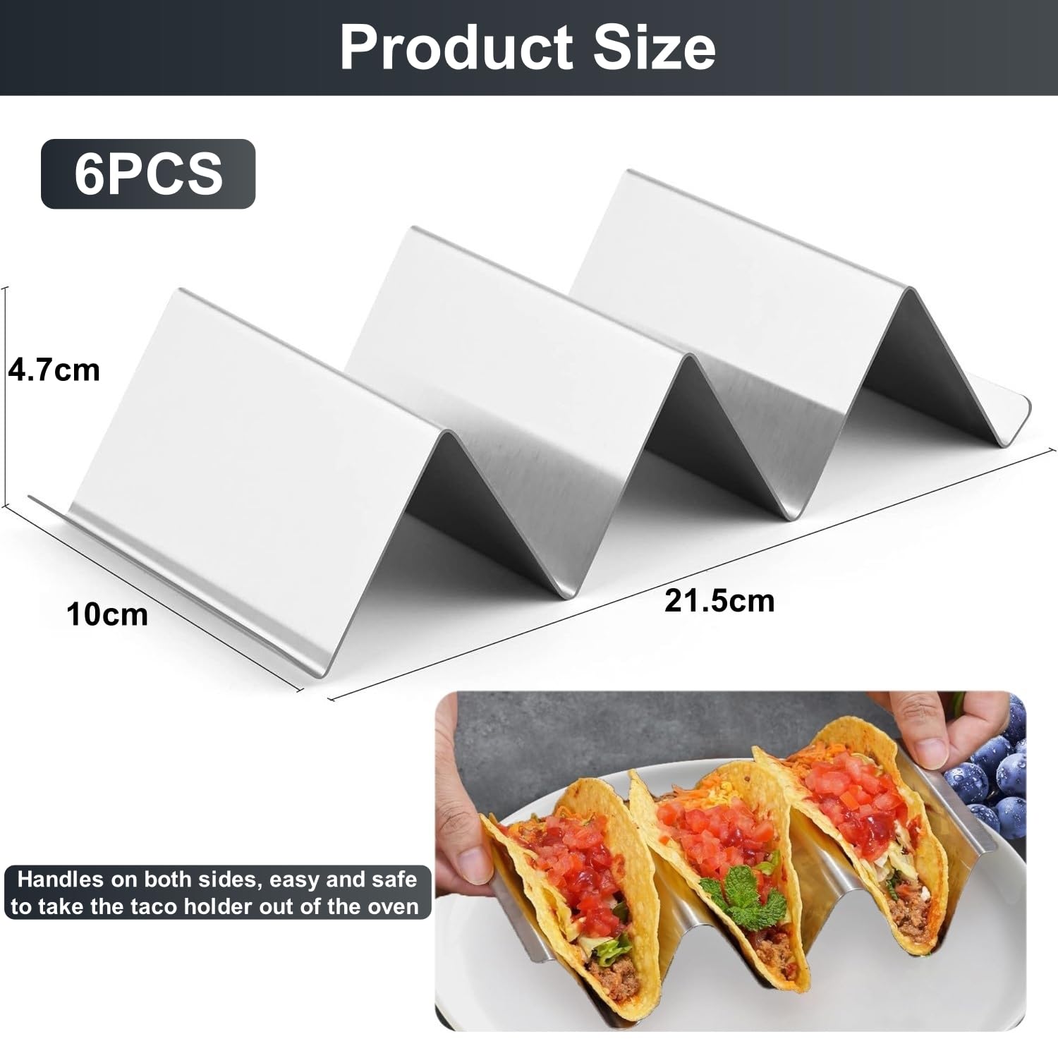 LATERN 6 Pezzi Porta Tacos, 21CM x 10CM Supporto per Tacos in Acciaio Inox Vassoi Verticali per 3 Pezzi Tacos Eleganti Porta Tacos con Manici - Resistente al Forno, Griglia e Lavastoviglie