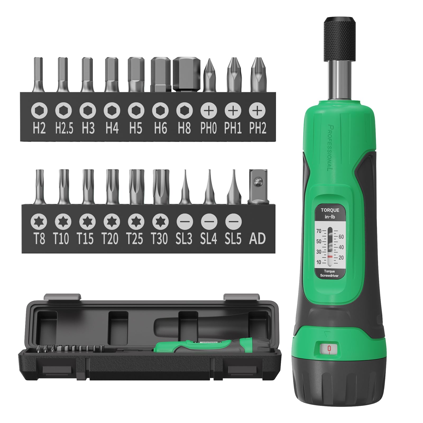 Torque Screwdriver, 1/4" Drive Screwdriver Torque Wrench 10-70 Inch Pounds, Torque Screwdriver Wrench Set, 20 Pcs Torque Wrench Bits Set for Bike,Tool,Maintenance Green
