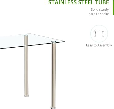 47.2 Clear Glass Dining Table for 4 People, Modern Rectangular Kitchen Table with Metal Legs