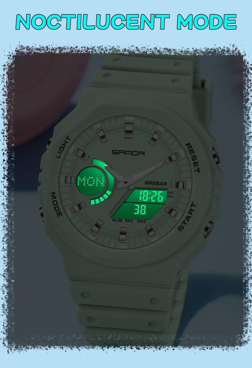 Gosasa Womens Digital Sports Watch 5ATM Waterproof Watch LED Light Large Face Analog Multifunctional Wrist Watches with Alarm Stopwatch Calendar Hourly Chime
