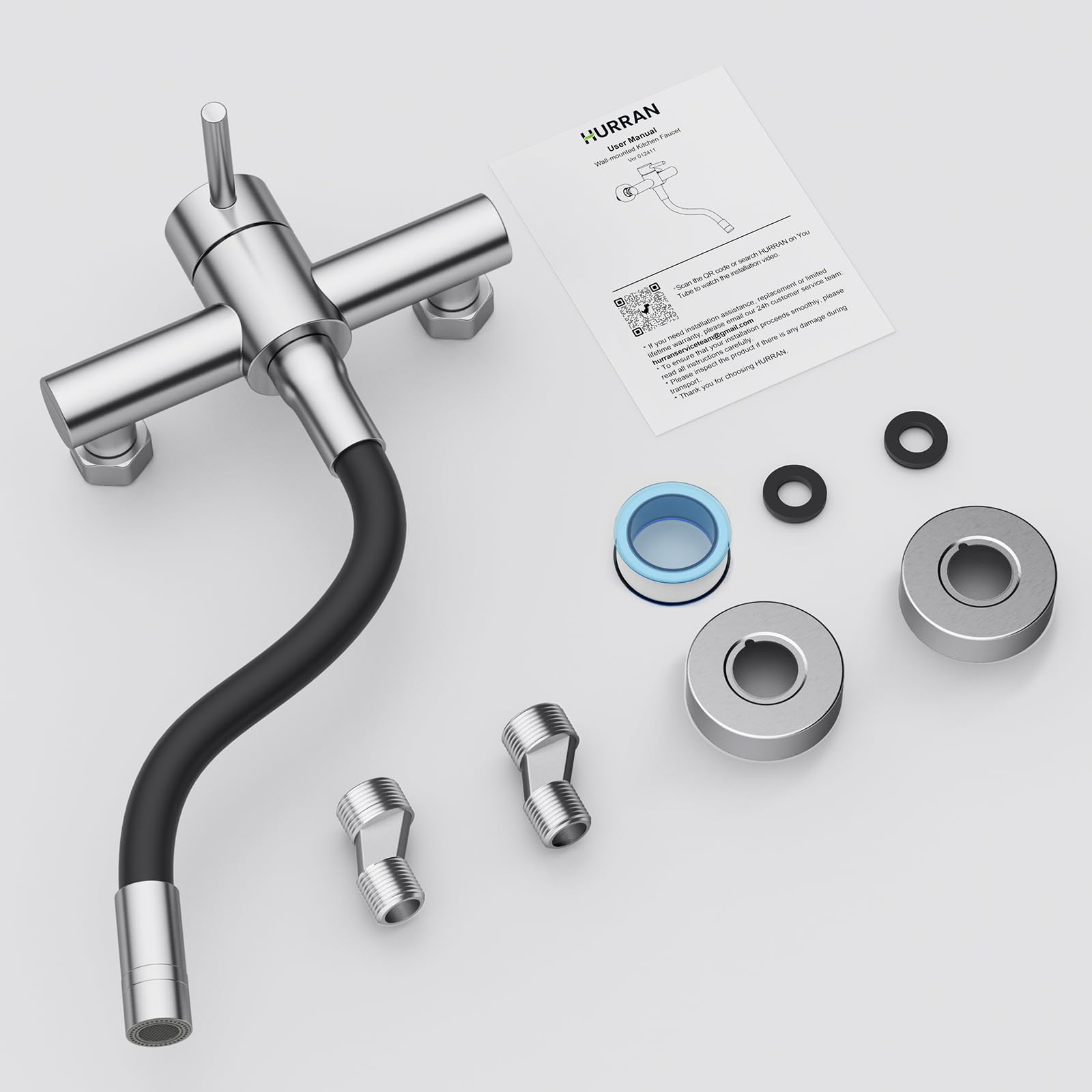 HURRAN Wasserhahn Wandmontage, 360° Schwenkbare Küchenarmatur mit Silikonschlauch, Einhebelmischer aus Edelstahl, Gebürstetes Nickel