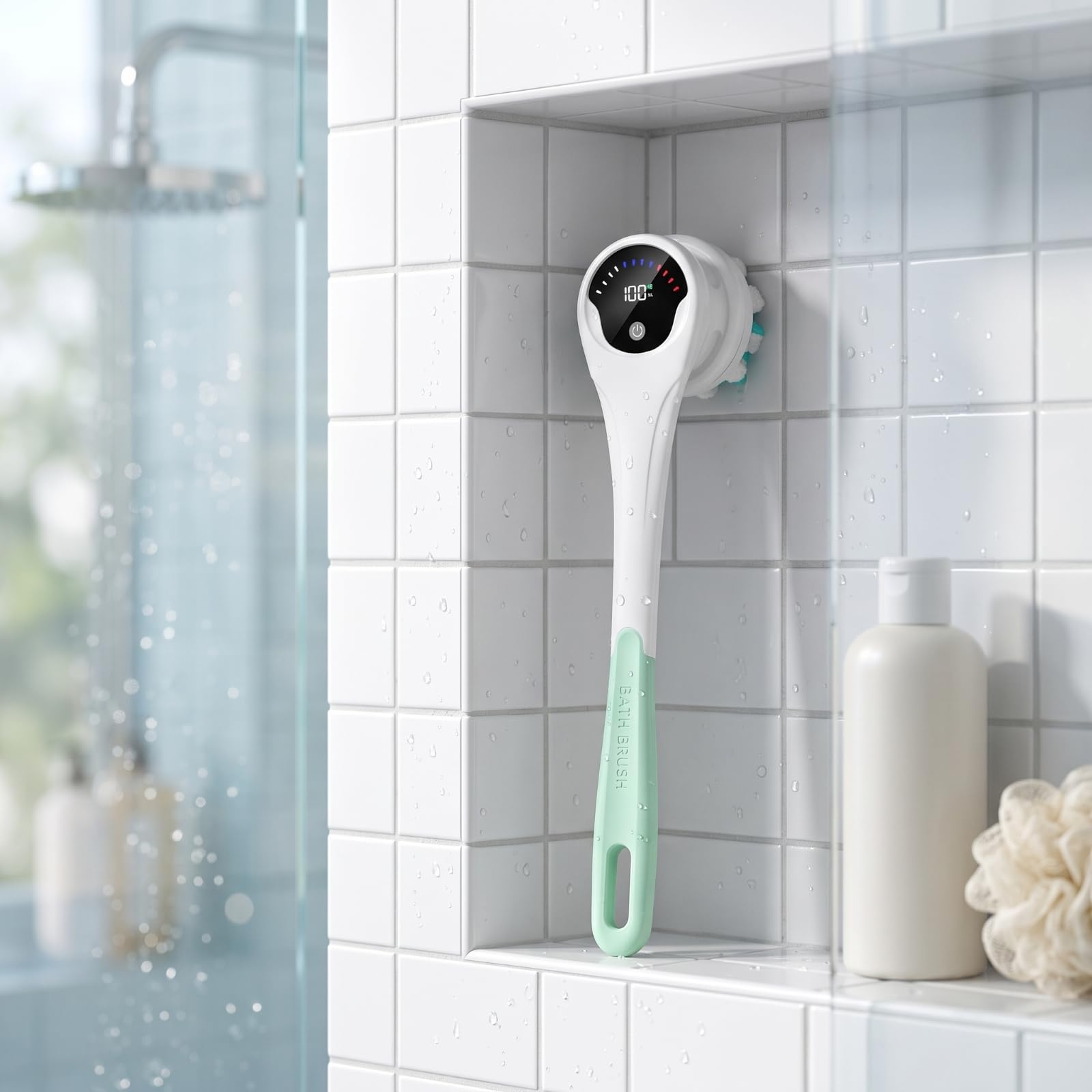Wiederaufladbar Elektrische Badebürste | wasserdichtes IPX6 Design, elektrische Körperbürste, Rückenbürste mit langem Stiel, für Badewanne, Badezimmer, Senioren, Grün