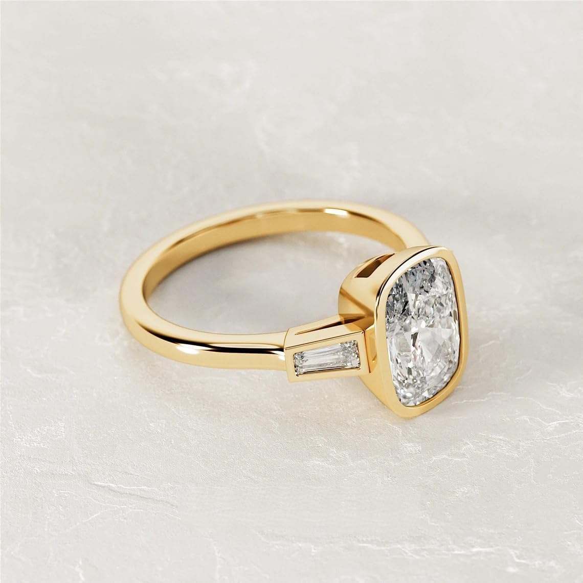 2 Ct Elongated Cushion & Tapered Baguette Cut Diamond Bezel Set Three Stone Solitaire Anniversary Ring For Women 14k Gold Plated Unique Art Deco Ring 925 Sterling Silver Handmade Gift Ring