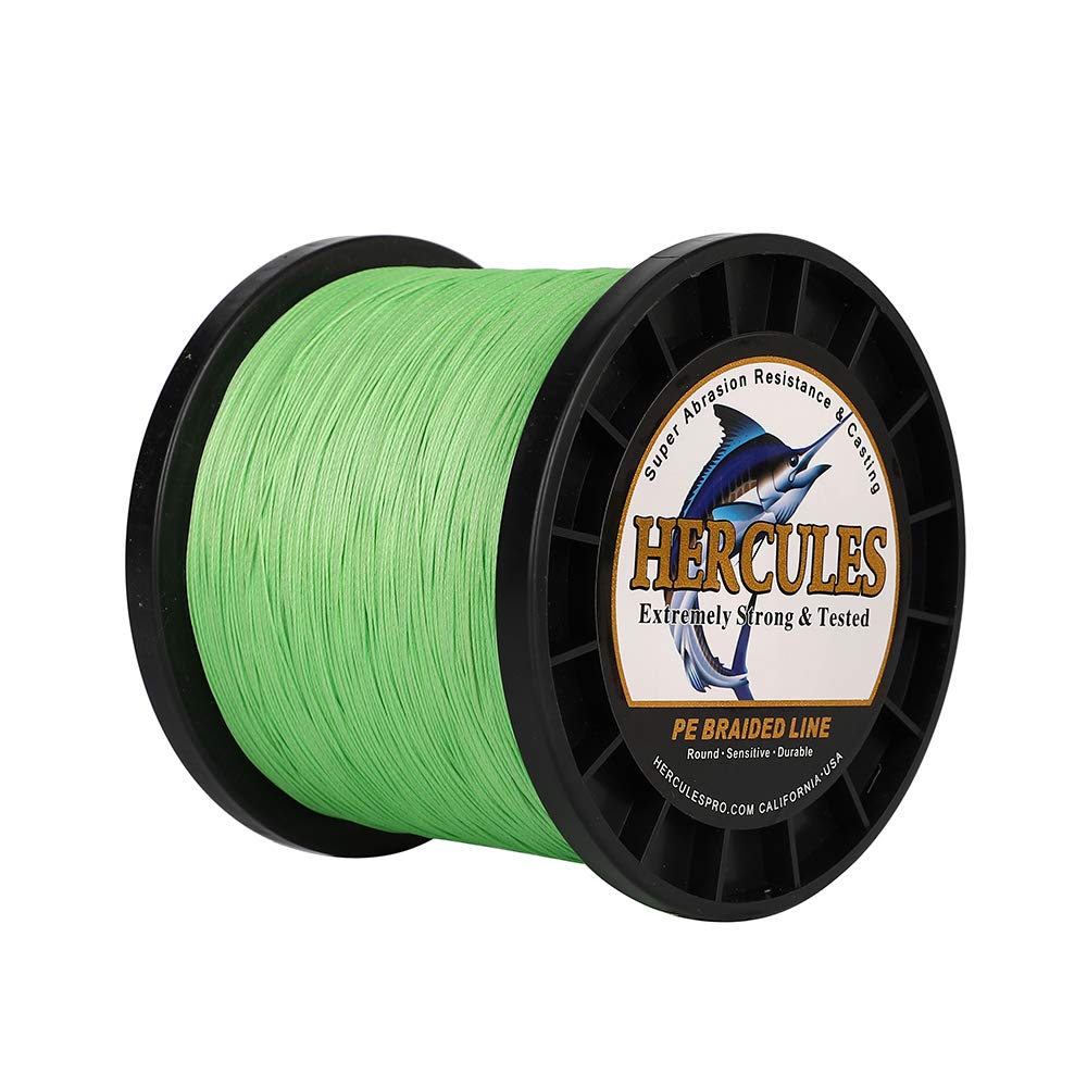 Hercules Braided Fishing Line 1500m 1640yds 6lbs-100lbs Pe Superline 4 Strands (Fluorescent Green 90lb/40.8kg 0.50mm)