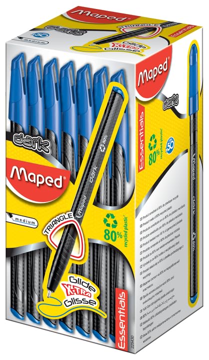 MAPED Ball pen Set of 50 (Dark Blue)|50 Blue Pens|1mm Nib Ball Pens|Smooth Gliding With Amazing Writing Experience|Triangular Shape For Easy Grip