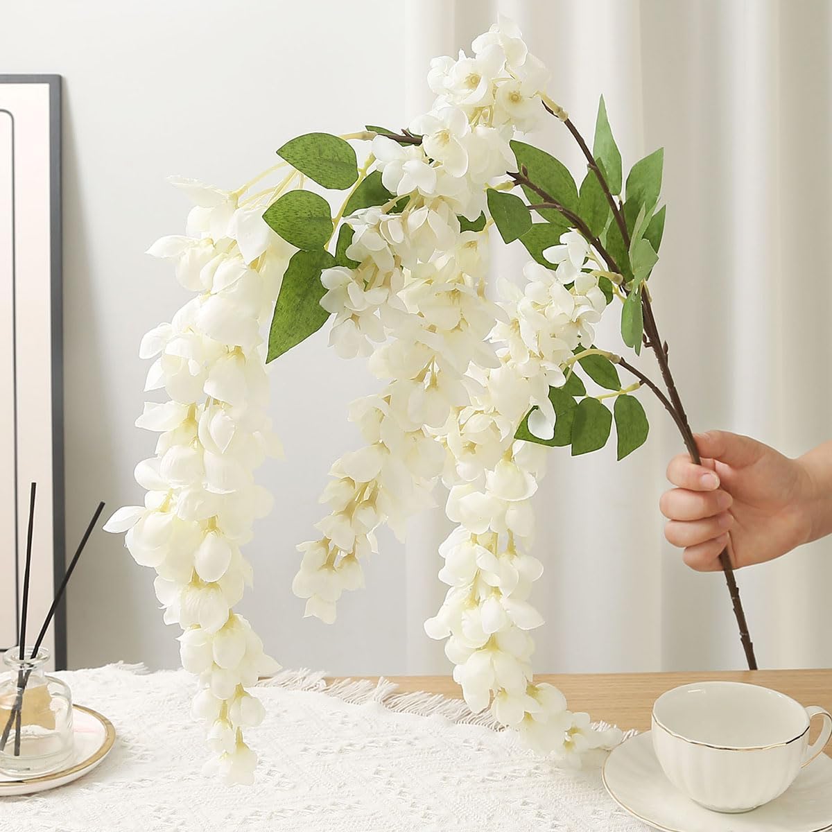 4pcs 47.2-inch Artificial Fake Wisteria Hanging Flower Garland Silk Flower String Home Party Decoration White Blue Pink Purple (White) - Image 8