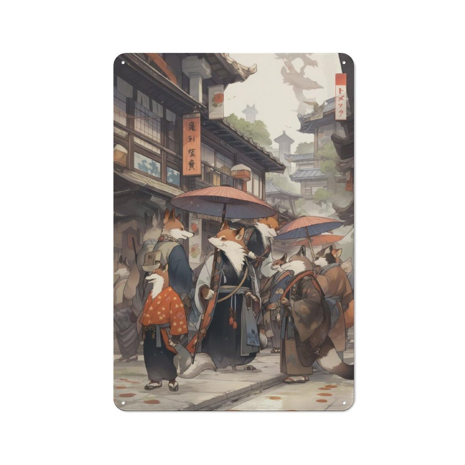 Junmoney Edo Fox Village Metal Sign 30X20cm With For Workshop Wall, Rustic Decor, For Garage, Workshop And Man Cave Decoration