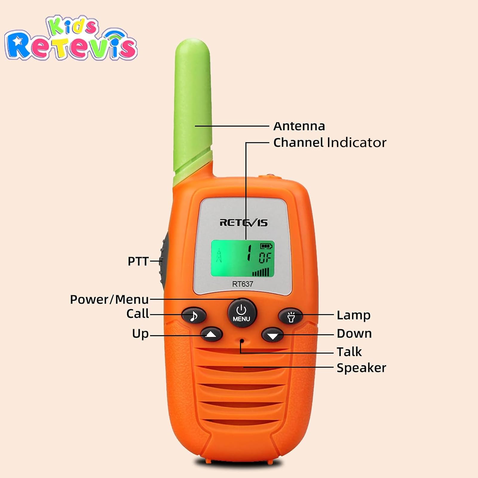Retevis RT637 Walkie Talkie Bambini PMR446 16 Canali VOX Torcia Ricetrasmittenti Bambini Facile Operazione Giocattolo Regalo Pasqua per Bambini Wolki Toki per bambini (Arancio, 1 paio)
