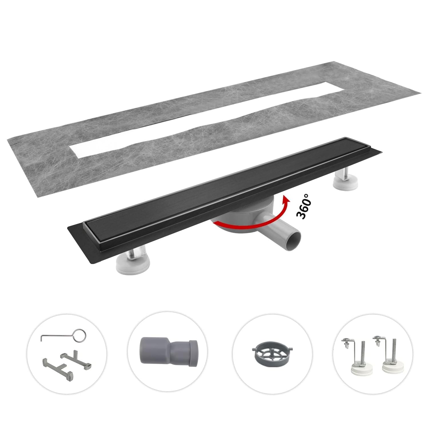 Canale doccia 90 cm, Nero Canale doccia piastrellato extra piatto, scarico pavimento in acciaio inox Set completo con filtro a sifone a 360°