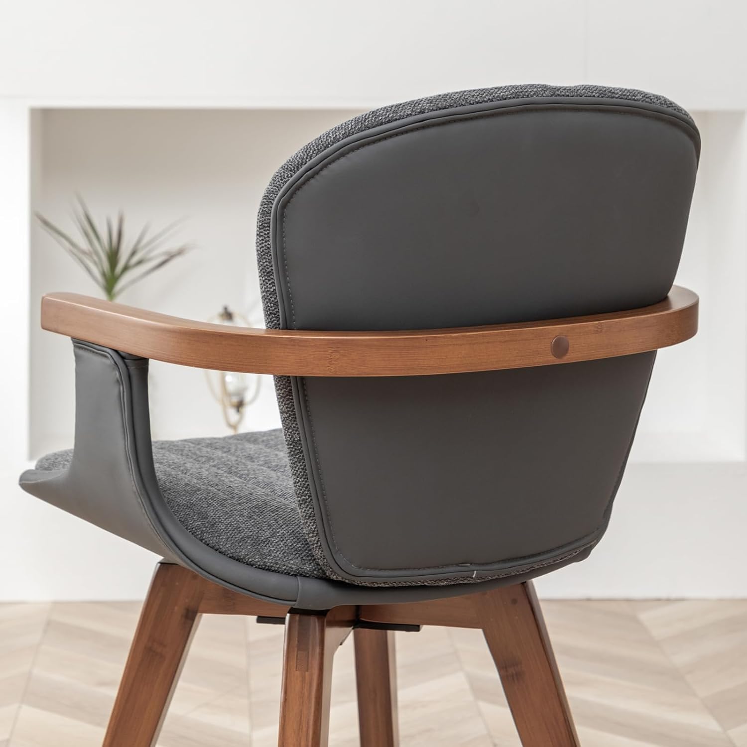 LUNLING Swivel Dining Chairs, Mid Century Modern Gray Fabric+Faux Leather Kitchen Chairs with Arms,Bamboo Legs Side Chairs No Wheels,Accent Chair for Dining Rooms and Offices(Gray Fabric,1PCS)
