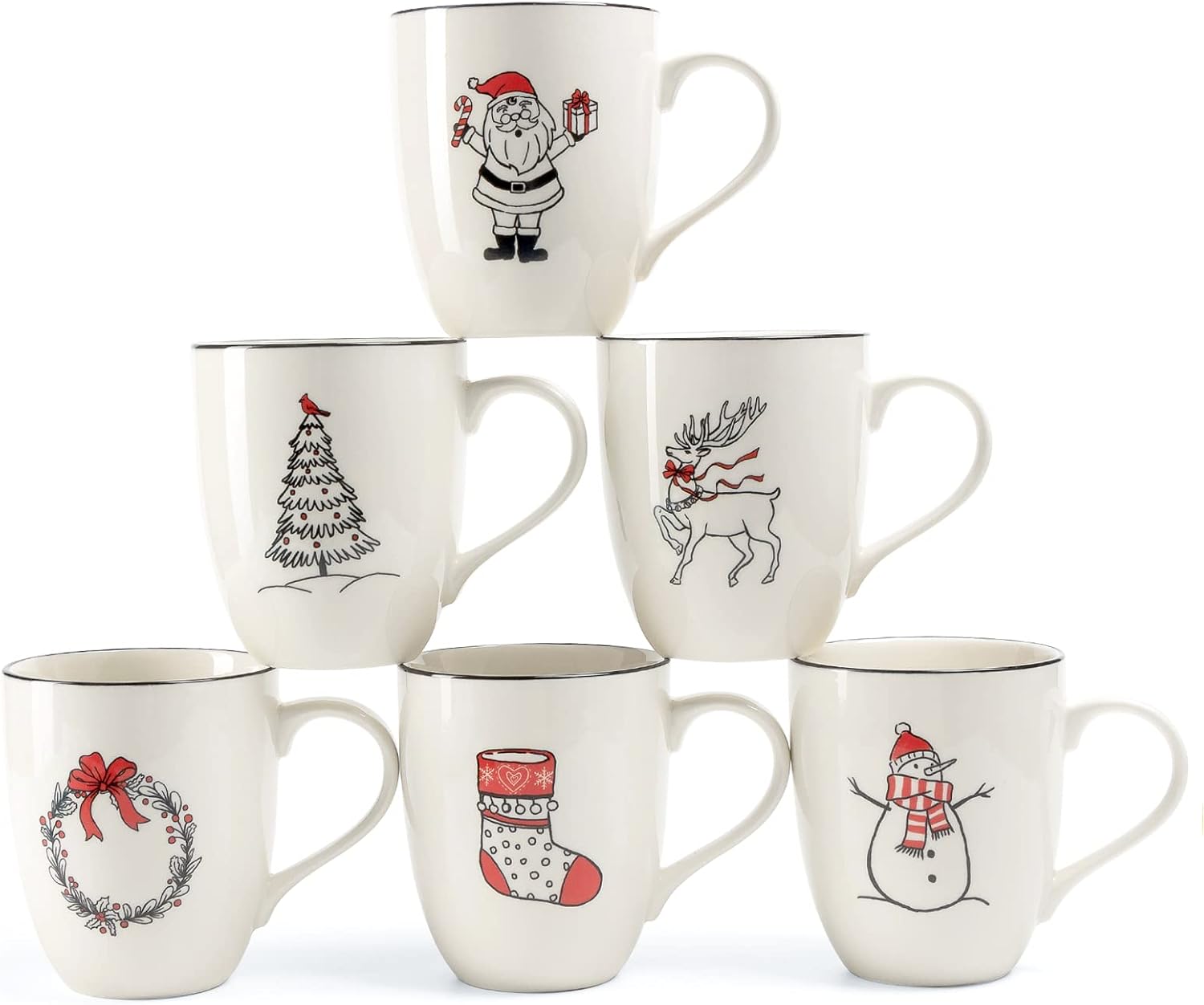 LEHAHA Christmas Coffee Mug Set of 6 16 oz Christmas Theme Holiday Ceramic Coffee Mugs Perfect