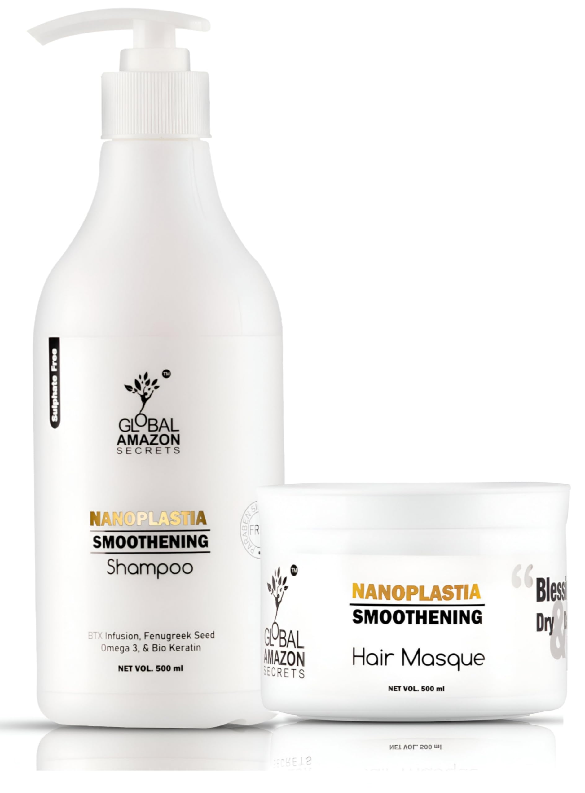Global amazon secrets Original nanoplastia smoothening shampoo and hair mask (500ml each) Silicone & Paraben Free