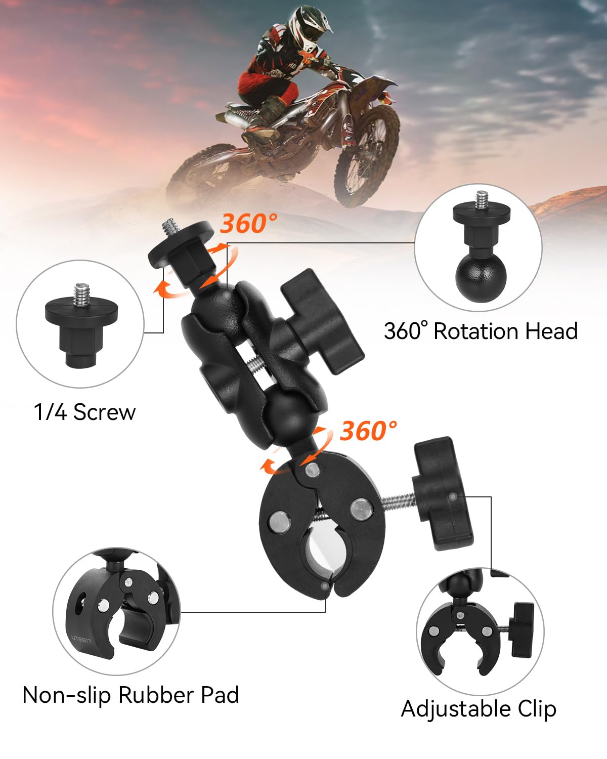 UTEBIT Uchwyt na kamerę sportową do motocykla ze śrubą 1/4", aluminiowy uchwyt na kamerę z podwójną głowicą kulową obracającą się o 360°, uchwyt do kamery GoPro, Insta360, DJI Osmo i telefonu