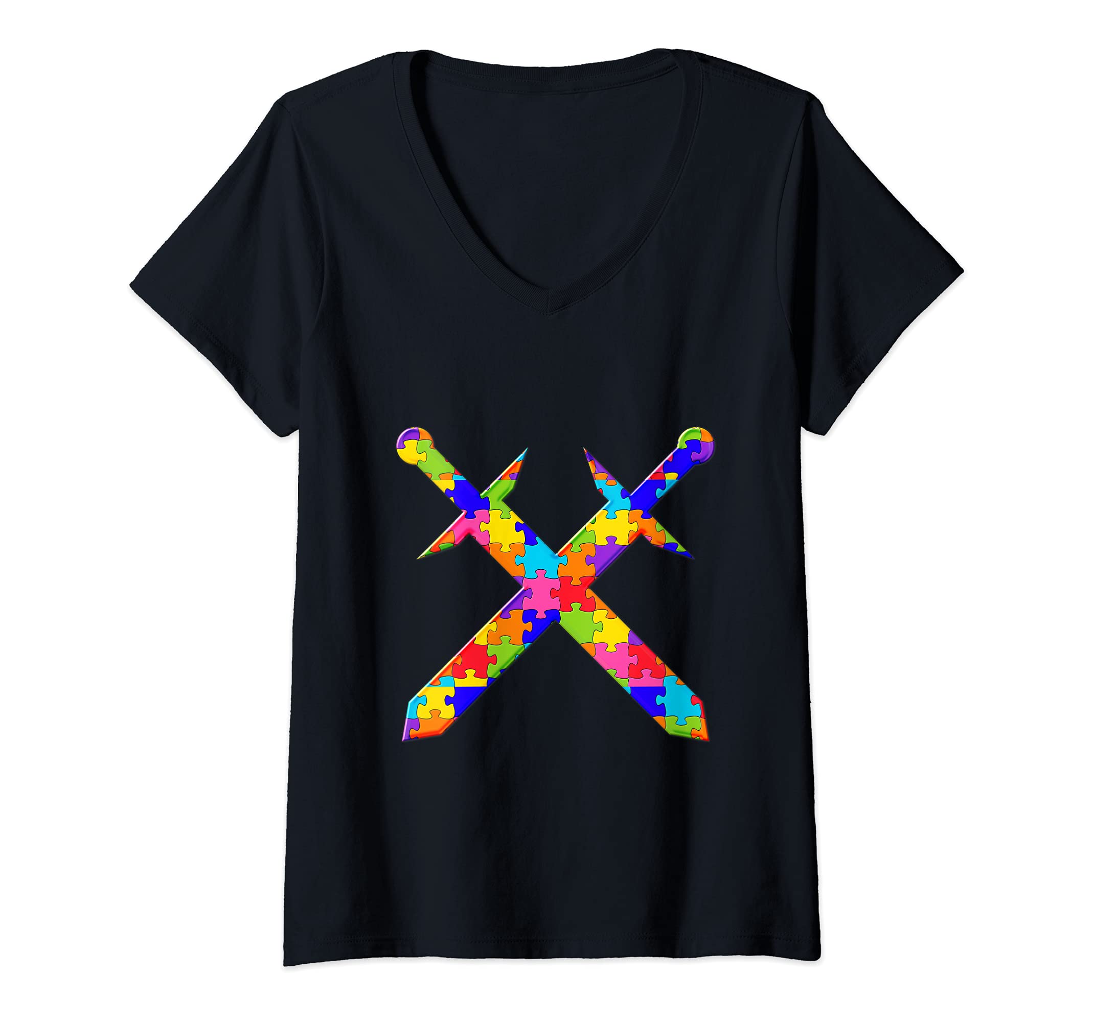 Womens crossed swords Pirate Jigsaw Autism Puzzle V-Neck T-Shirt