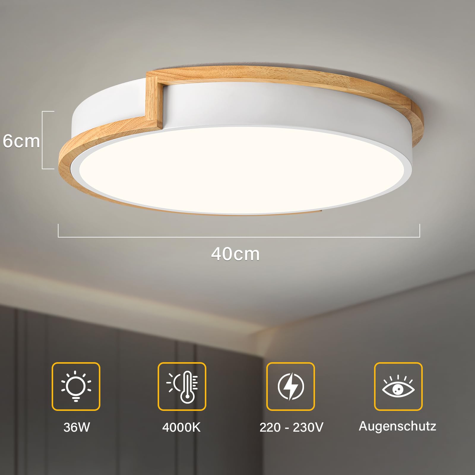 LED Deckenleuchte, Weiß Deckenlampe 40cm, 36W Lampe mit Holz für Schlafzimmer Wohnzimmer Küche Flur Esszimmer 4000K