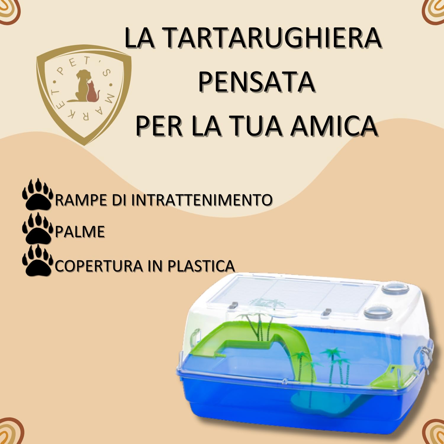 Pet's Market Corfù Tartarughiera Acquario tartarughe d'acqua Tartarughe adulte piccole Tartarughiera chiusa coperchio rimovibile doppia chiusura di sicurezza apertura superiore isola palme 53x38x25.5