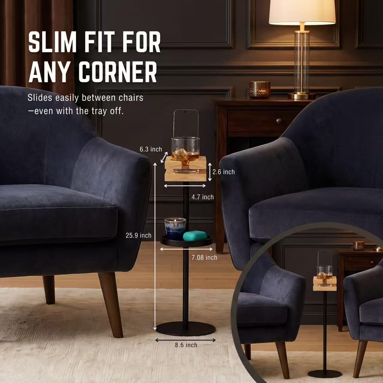 Drink Table for Small Spaces - Slim Pedestal Side Table with Real Wood Top & Stable Base for Coffee & Cocktails - Ideal for Tight Living Room & Bedroom Spaces (Walnut)