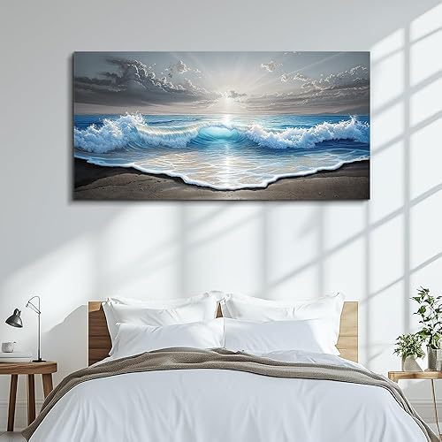 Miniatura 3 de QIYILEXWART Decoración de pared grande para sala de estar, lienzo para oficina, decoración de pared moderna para dormitorio, olas del océano,