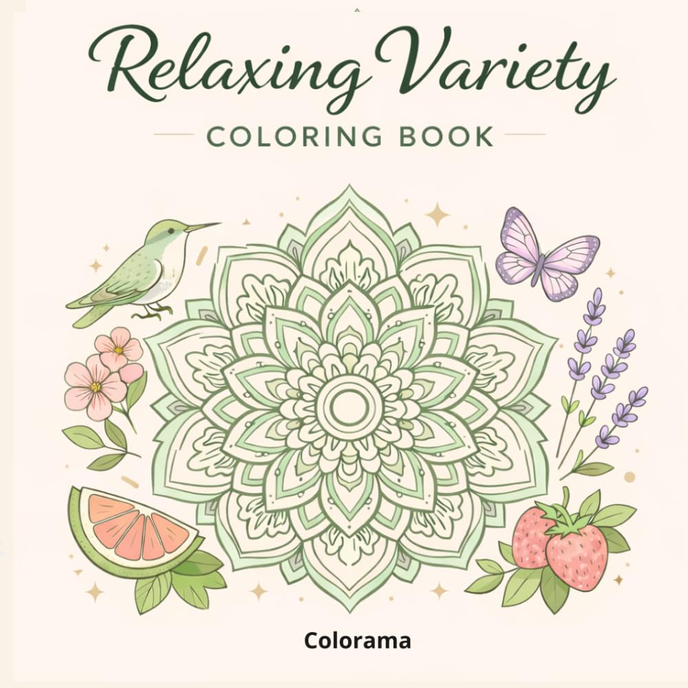 VARIETY RELAXING COLORING BOOK: Easy Mandalas, Patterns, Fruits & Animals for Stress Relief and Creativity