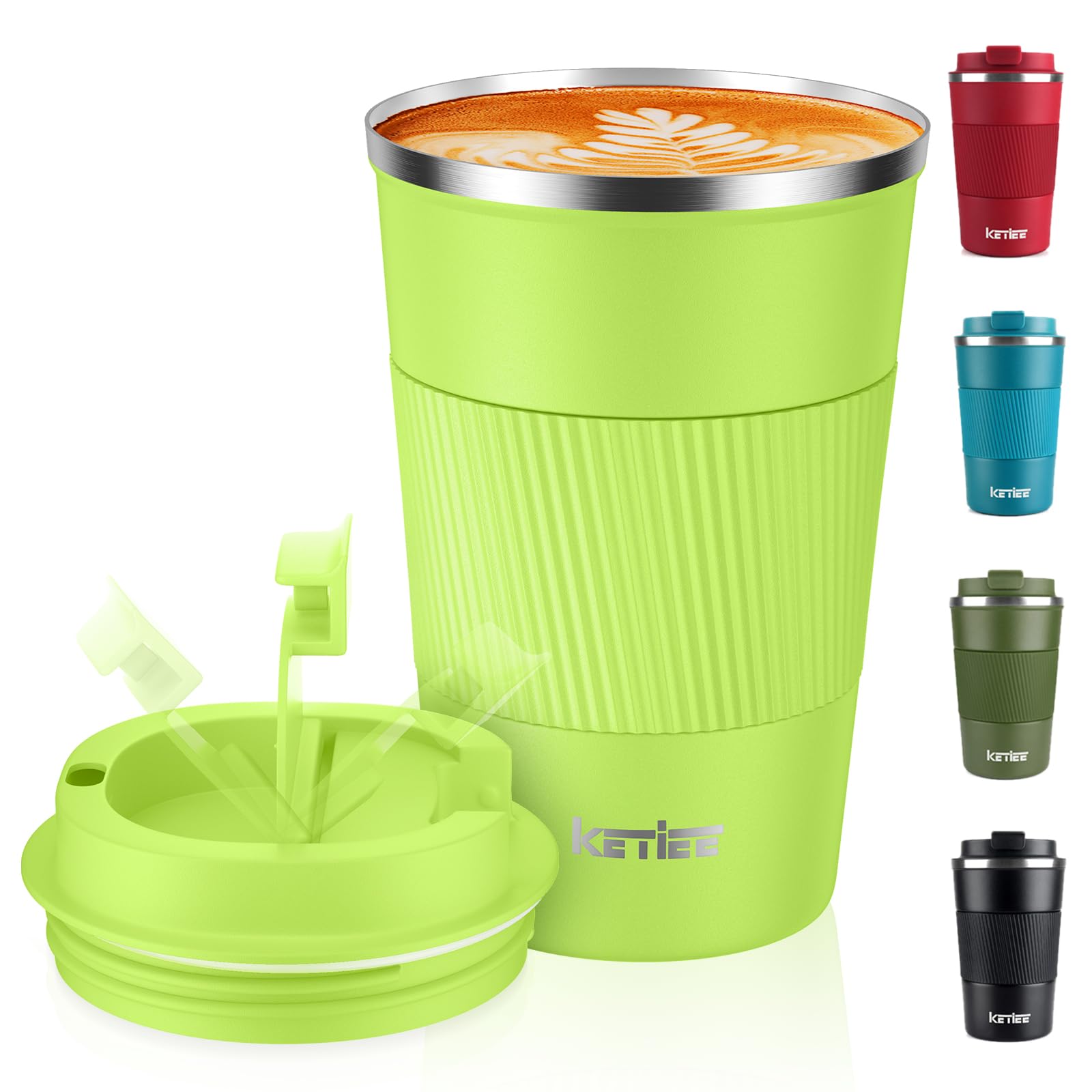 KETIEE Kaffeebecher to go,380ml Thermobecher Kaffee-to-go,Kaffeebecher Thermo,Doppelwandig Reisebecher Travel Mug,Vakuum Isolierbecher mit auslaufsicherem Deckel für Kaffee und Tee,Grasgrün