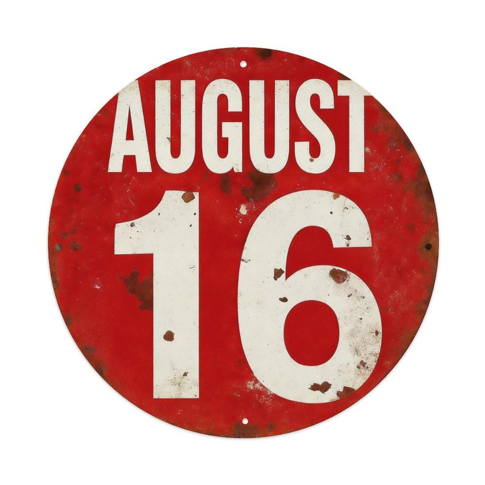 August Sixteen Red Circle Sign Round Tin Sign Vintage Metal Poster Retro Bar, Home, Man Cave, Kitchen, Laundry Room Wall Art Decor Gift 8x8Inch