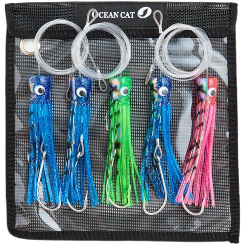 OCEAN CAT Teaser Chain Trolling Lure Saltwater Fishing Lure Bag with Circle Hook and Fishing Line Fully Rigged Teasers for Wahoo Tuna Marlin Mahi Mahi (#034-Mixed Color-5 pcs 6 in+9/0 Hook)