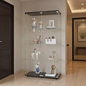 Vitrina de cristal, vitrina de cristal, vitrina de pie, moderna, para salón, oficina, colector, libros y vino (4 pisos y 2 puertos), color negro