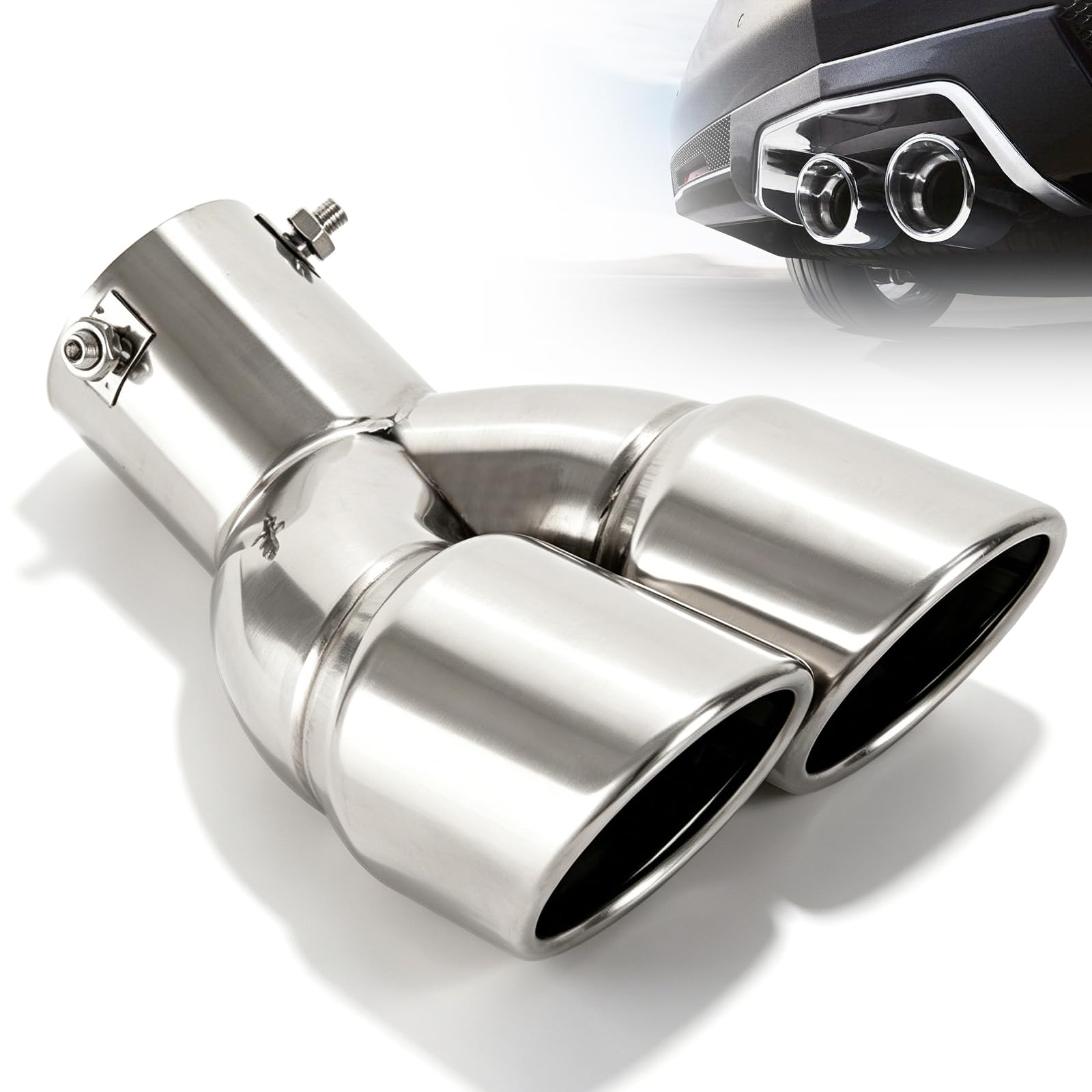 Embout Echappement Double Sortie, Tuyau D'Échappement De Voiture, 63mm Tuyau D'Échappement À Double Embout D'Échappement De Voiture, Acier Inoxydable Tuyau Échappement, Embouts De Silencieux